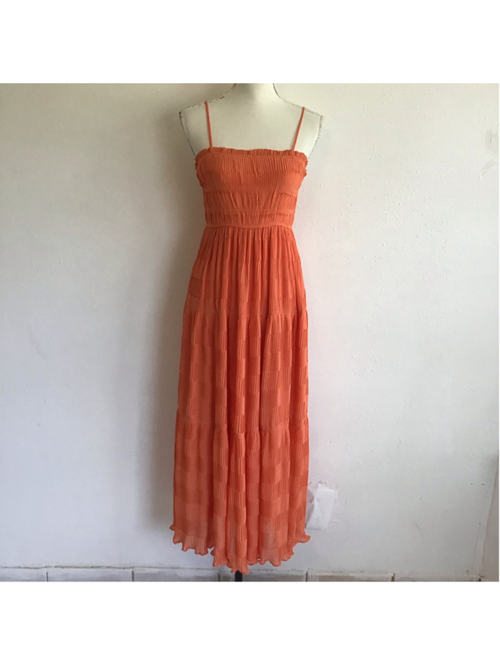 French Violet Boutique Women's Orange Smocked Bodice Tiered Maxi Dress Size M